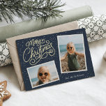 Snowfall Script 2 Fotoopname Folie Feestdagenkaart<br><div class="desc">Festive-fotokaart bevat twee foto's in een momentopnamestijl,  met "Vrolijk kerstfeest" in een opgeruimd gouden foliescript. Personaliseer uw familiehandtekening en het jaar.</div>