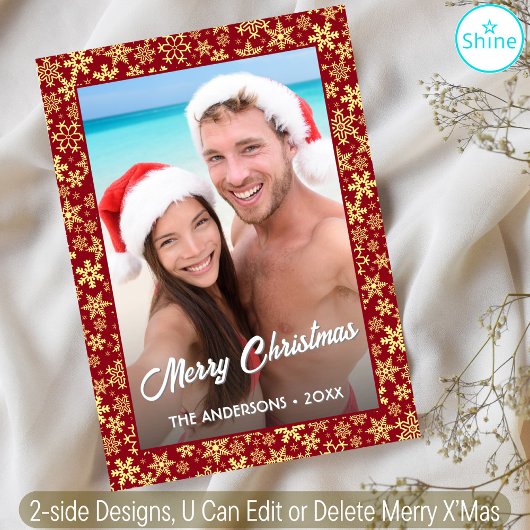 Snowflak Aangepast kerstfoto Rood met twee zijden  Feestdagenkaart