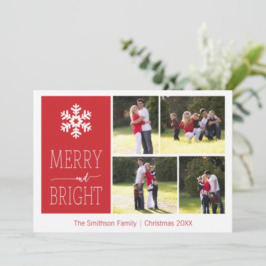 Snowflake 4-fotokaart voor Merry en Bright Snowfla Feestdagenkaart (Staand voorkant)