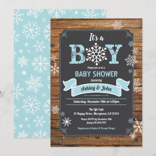 Snowflake baby boy douche rustiek houten krijtbord kaart (Voorkant / Achterkant)