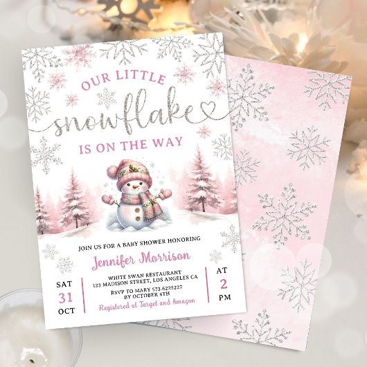 Snowflake Baby Shower Girl Pink Silver  Kaart