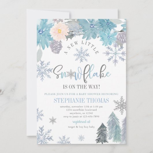 Snowflake Baby shower Invitation Floral Boy Kaart (Voorkant)