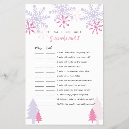 Snowflake Baby shower Raad wie zei het spel Flyer (Voorkant)
