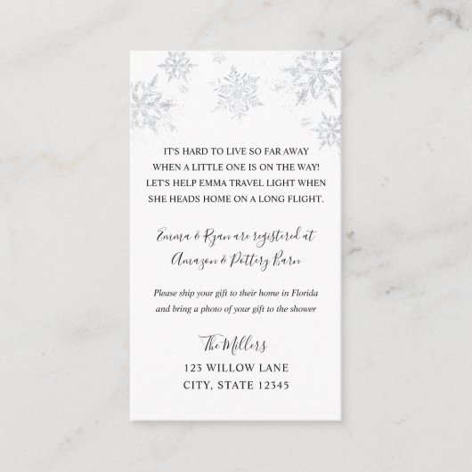 Snowflake baby shower tussenvoegsel over lange afs informatiekaartje (Voorkant)