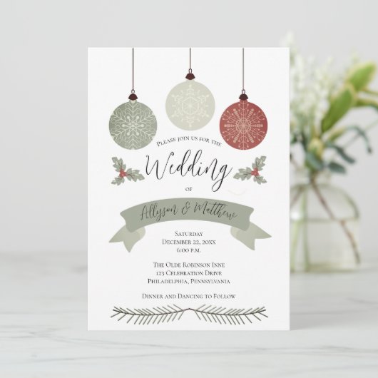 Snowflake Baubles Holly Terracotta Sage Wedding Kaart (Staand voorkant)