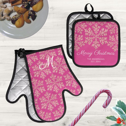 Snowflake Berry Bling Monogrammed Kerstmis Ovenwant & Pannenlap Set