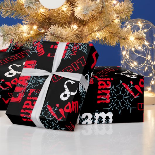 Snowflake Black Gift Wrap Naam wijzigen Rood, wit Cadeaupapier (Feestdagen)