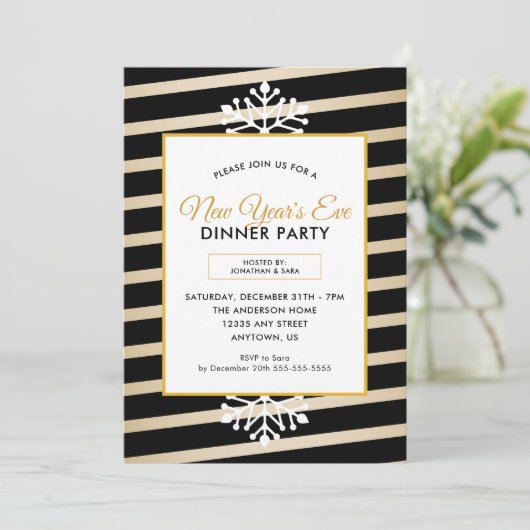 Snowflake | Black Stripes oudejaarsavond feest Kaart (Staand voorkant)