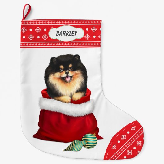 Snowflake Black Tan Pomeranian Gift Surprise Grote Kerstsok (Voorkant)