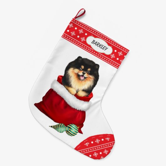Snowflake Black Tan Pomeranian Gift Surprise Grote Kerstsok (Voorkant (Hangend))