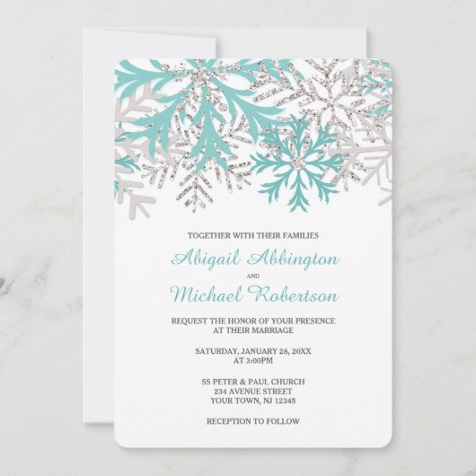 Snowflake Blauwgroen Blue Silver Winter Wedding In Kaart (Voorkant)