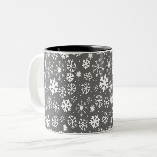 Snowflake blizzard met zilvergrijze achtergrond tweekleurige koffiemok (Voorkant links)