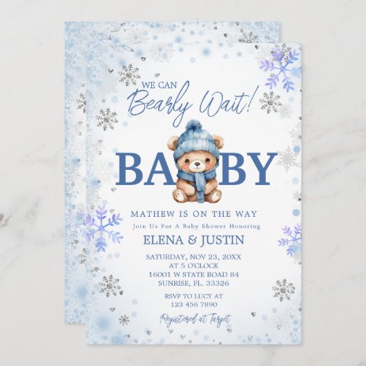Snowflake Blue Beer Bearly Wait Baby shower Kaart (Voorkant / Achterkant)