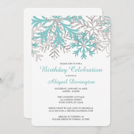 Snowflake Blue Blauwgroen Silver Winter Birthday I Kaart (Voorkant / Achterkant)