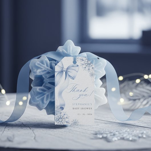 Snowflake Blue Bow Baby shower Cadeaulabel