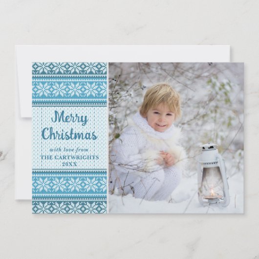 Snowflake Blue Knit Sweater Foto Aangepaste groet Feestdagenkaart (Voorkant)