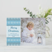 Snowflake Blue Knit Sweater Foto Aangepaste groet Feestdagenkaart (Staand voorkant)