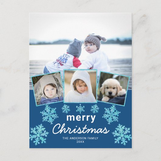 Snowflake Blue Opal 4 Photo Collage Kerstmis Briefkaart (Voorkant)