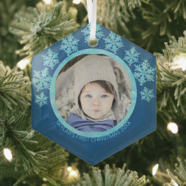 Snowflake Blue Opal Chic Round Foto met Kerstmis Glas Ornament