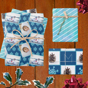 Snowflake Blue Opal Pinstripes 3 Kerstmis Inpakpapier Vel