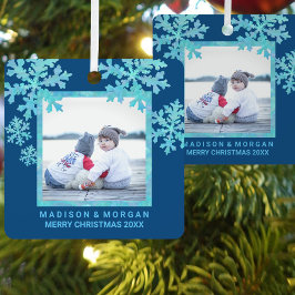 Snowflake Blue Opal Stylish Double Sided Photo Metalen Ornament