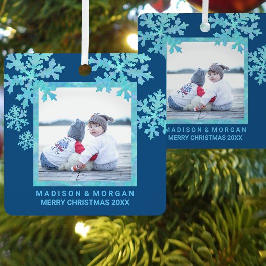 Snowflake Blue Opal Stylish Double Sided Photo Metalen Ornament