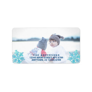 Snowflake Blue Opal Stylish Kerstmis Foto toevoege Etiket