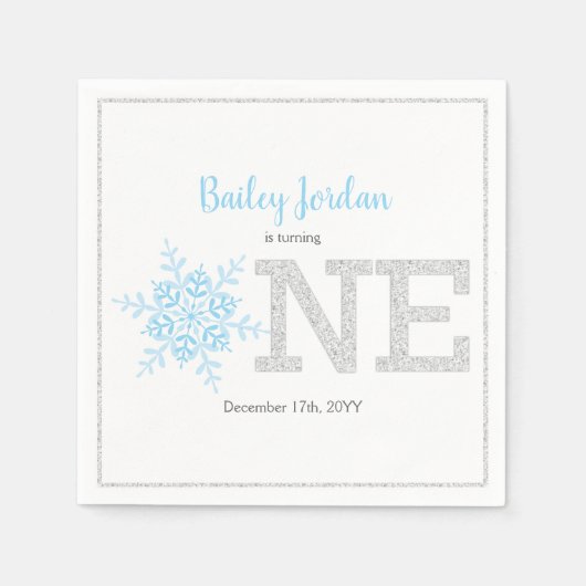 Snowflake Blue & Silver Glitter 1e Verjaardag Jong Servet (Voorkant)