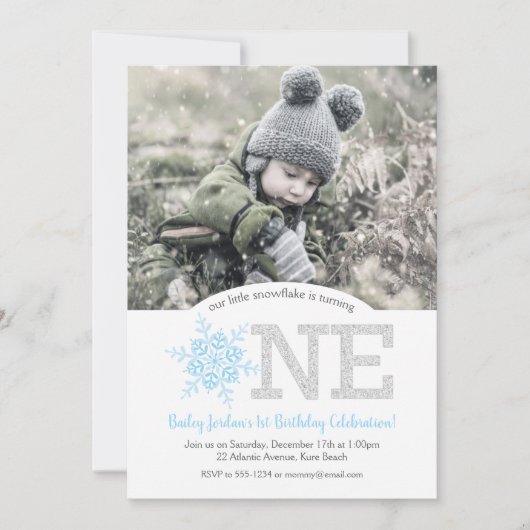 Snowflake Blue & Silver Glitter 1st Birthday Foto Kaart (Voorkant)