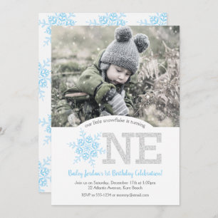 Snowflake Blue & Silver Glitter 1st Birthday Foto Kaart