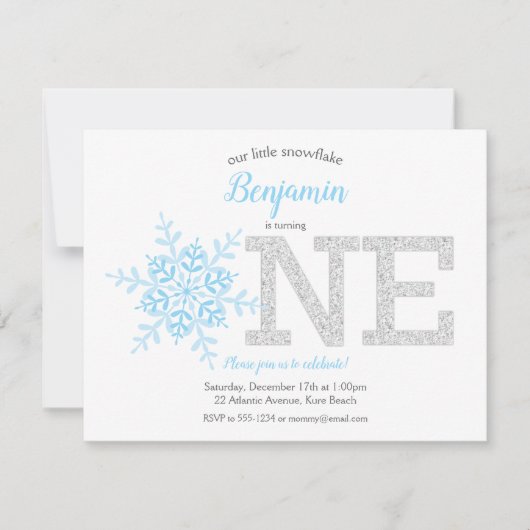 Snowflake Blue Silver Glitter Winter 1ste verjaard Kaart (Voorkant)