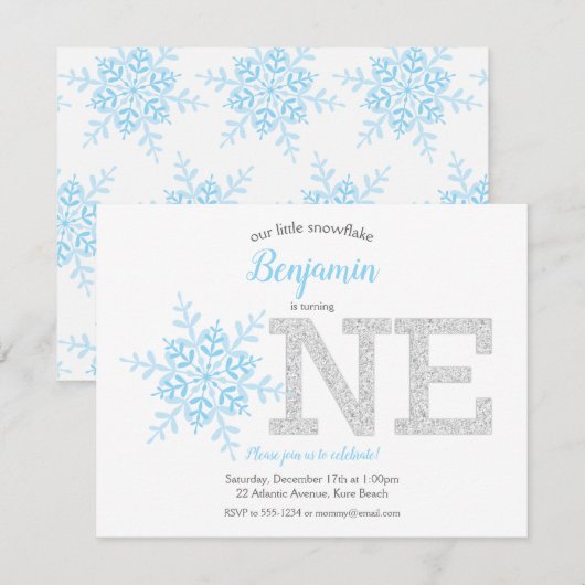 Snowflake Blue Silver Glitter Winter 1ste verjaard Kaart (Voorkant / Achterkant)