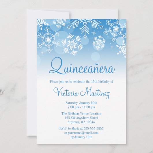 Snowflake Blue Winter Wonderland Quinceanera Kaart (Voorkant)