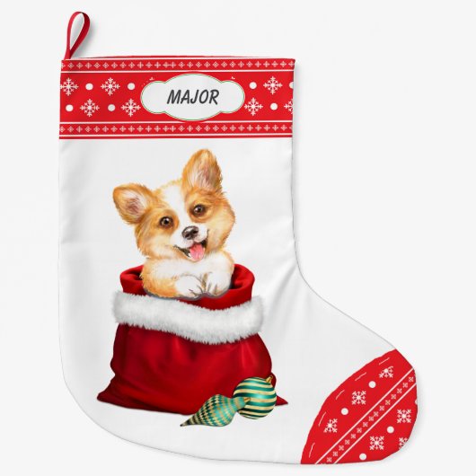 Snowflake Border Corgi Dog Gift Surprise Grote Kerstsok (Voorkant)