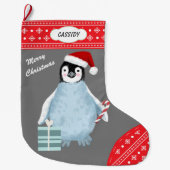 Snowflake Border Cute Penguin Candy Cane Grote Kerstsok (Voorkant)