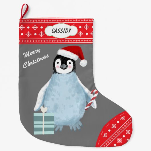 Snowflake Border Cute Penguin Candy Cane Grote Kerstsok (Voorkant)