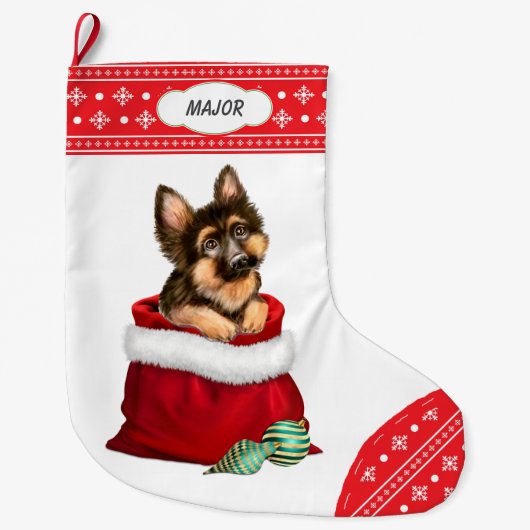 Snowflake Border German Shepherd Dog Gift Surprise Grote Kerstsok (Voorkant)