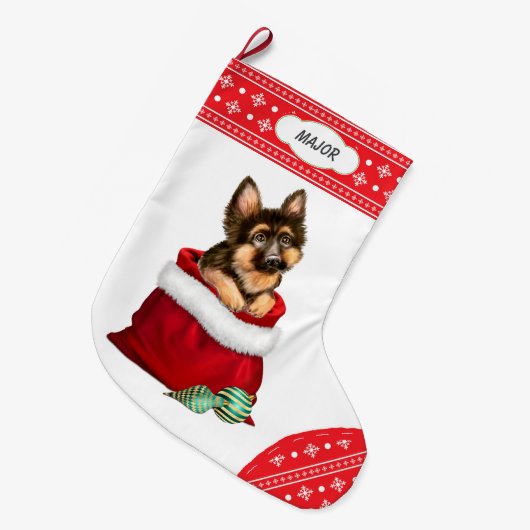 Snowflake Border German Shepherd Dog Gift Surprise Grote Kerstsok (Voorkant (Hangend))