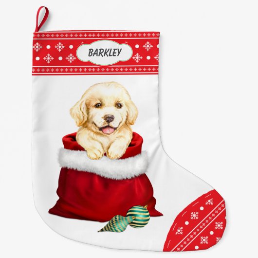 Snowflake Border Golden Retriever Gift Surprise Grote Kerstsok (Voorkant)