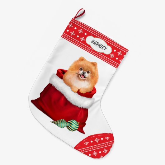 Snowflake Border Pomeranian Gift Surprise Grote Kerstsok (Voorkant (Hangend))