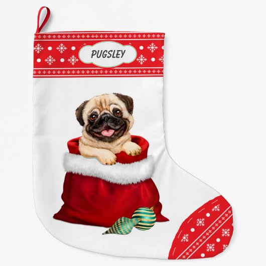 Snowflake Border Pug Gift Surprise Grote Kerstsok (Voorkant)