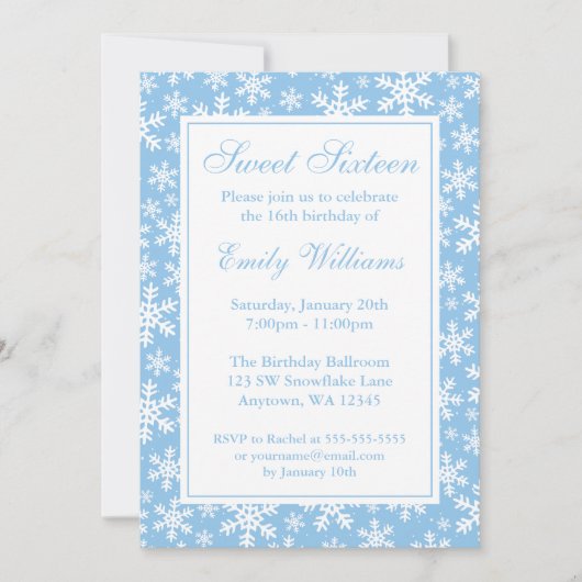 Snowflake Border Winter Wonderland Sweet 16 Blue Kaart (Voorkant)