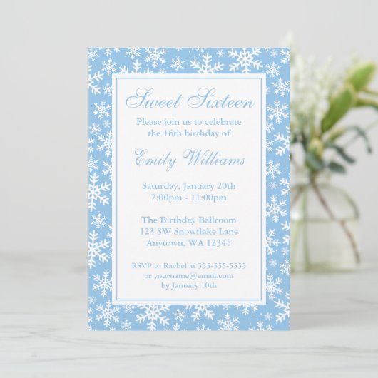 Snowflake Border Winter Wonderland Sweet 16 Blue Kaart (Staand voorkant)