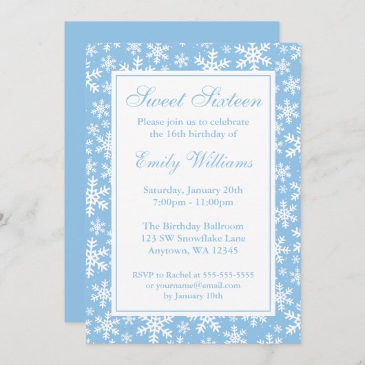 Snowflake Border Winter Wonderland Sweet 16 Blue Kaart (Voorkant / Achterkant)