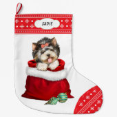 Snowflake Border Yorkie Gift Surprise Grote Kerstsok (Voorkant)