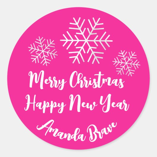 Snowflake Bright roze kerstscript naam Ronde Sticker (Voorkant)