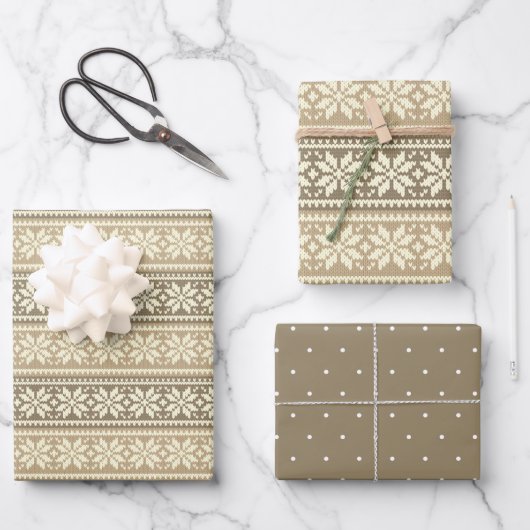 Snowflake Brown Nordic Faux Knit Sweater Pattern Inpakpapier Vel (Voorkant)