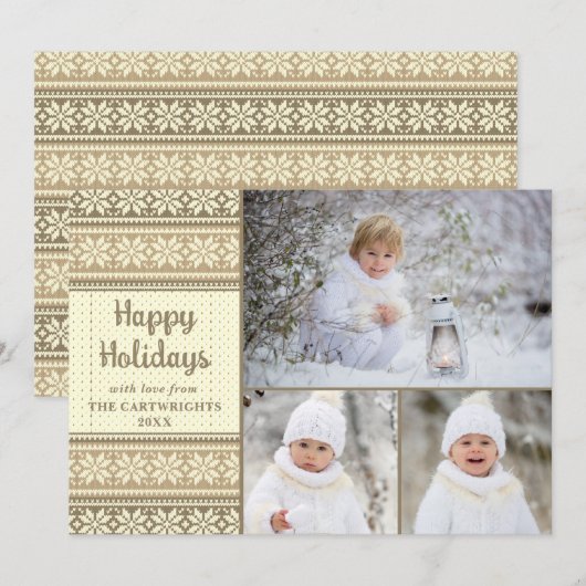 Snowflake Brown Sweater 3 Foto's Aangepaste groet Feestdagenkaart (Voorkant / Achterkant)