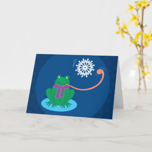 Snowflake-Catching Frog Holiday Greeting Kaart