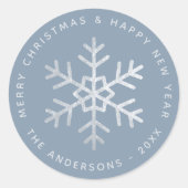 Snowflake Christmas Dusty Blue Elegant Faux Silver Ronde Sticker (Voorkant)